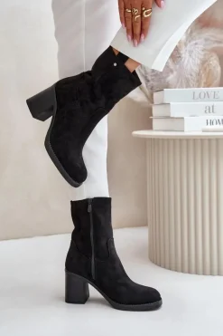 Hot Boto Botki Damskie Ocieplane Na Obcasie Słupku Eko Zamszowe Czarne Vellinga