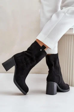 Hot Boto Botki Damskie Ocieplane Na Obcasie Słupku Eko Zamszowe Czarne Vellinga