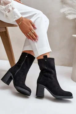 Hot Boto Botki Damskie Ocieplane Na Obcasie Słupku Eko Zamszowe Czarne Vellinga