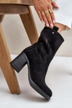 Hot Boto Botki Damskie Ocieplane Na Obcasie Słupku Eko Zamszowe Czarne Vellinga