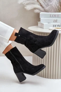 Hot Boto Botki Damskie Ocieplane Na Obcasie Słupku Eko Zamszowe Czarne Vellinga