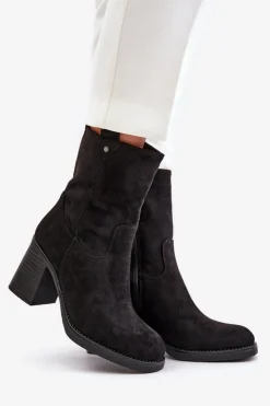 Hot Boto Botki Damskie Ocieplane Na Obcasie Słupku Eko Zamszowe Czarne Vellinga