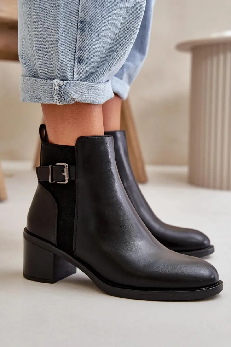 Clearance Boto Botki Damskie Ocieplane Na Słupku Z Klamrą Czarne Nevillira Czarny