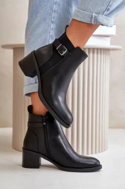 Clearance Boto Botki Damskie Ocieplane Na Słupku Z Klamrą Czarne Nevillira Czarny