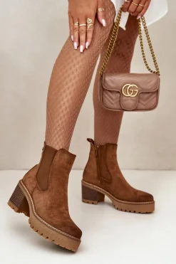 Botki Ocieplane|Brązowe I Beżowe Botki>Boto Botki Damskie Ocieplane Na Słupku Eko Zamszowe Brązowe Irissinae Brązowy