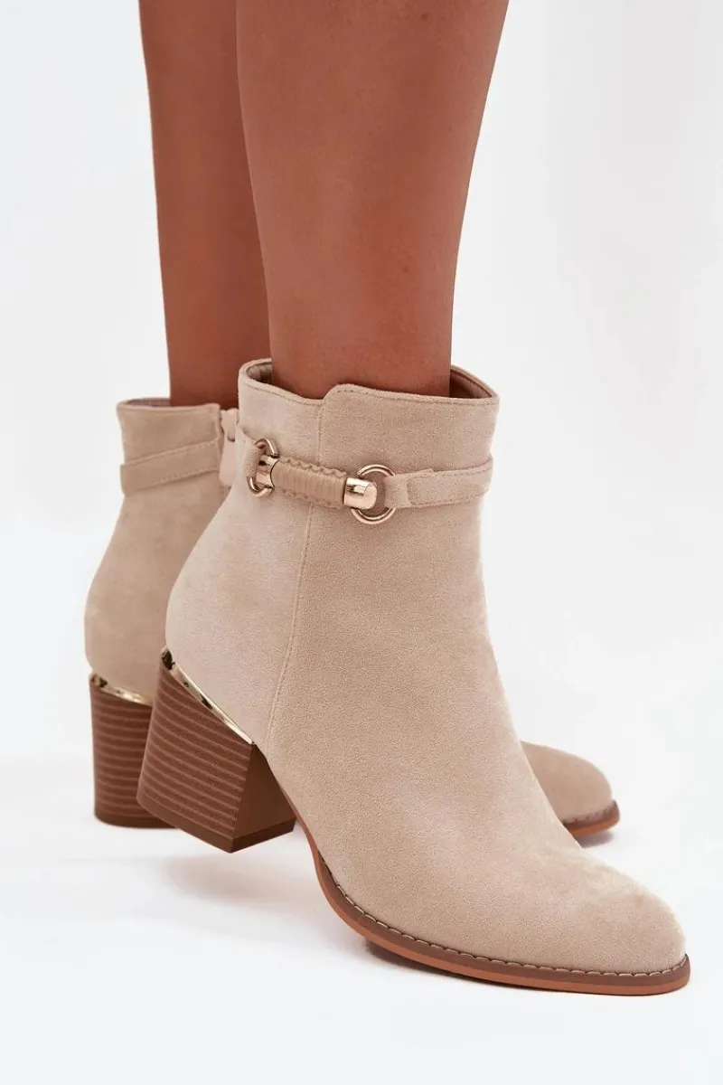 Botki Damskie Ocieplane Na Słupku Z Ozdobnym Paskiem Beżowe Galissa Damskie Botki Ocieplane|Botki Na Słupku