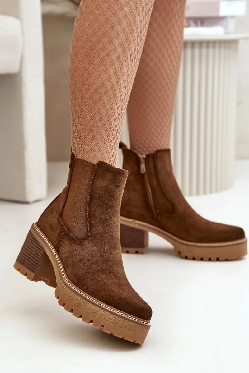 Botki Ocieplane|Brązowe I Beżowe Botki>Boto Botki Damskie Ocieplane Na Słupku Eko Zamszowe Brązowe Irissinae Brązowy