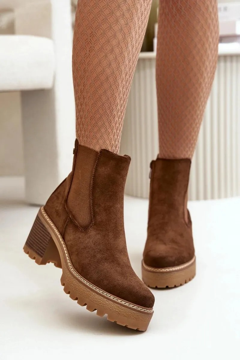 Botki Ocieplane|Brązowe I Beżowe Botki>Boto Botki Damskie Ocieplane Na Słupku Eko Zamszowe Brązowe Irissinae Brązowy