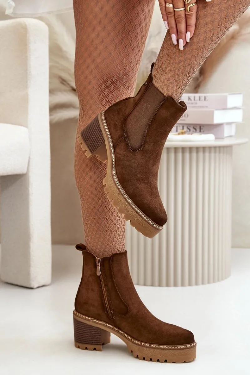 Botki Ocieplane|Brązowe I Beżowe Botki>Boto Botki Damskie Ocieplane Na Słupku Eko Zamszowe Brązowe Irissinae Brązowy