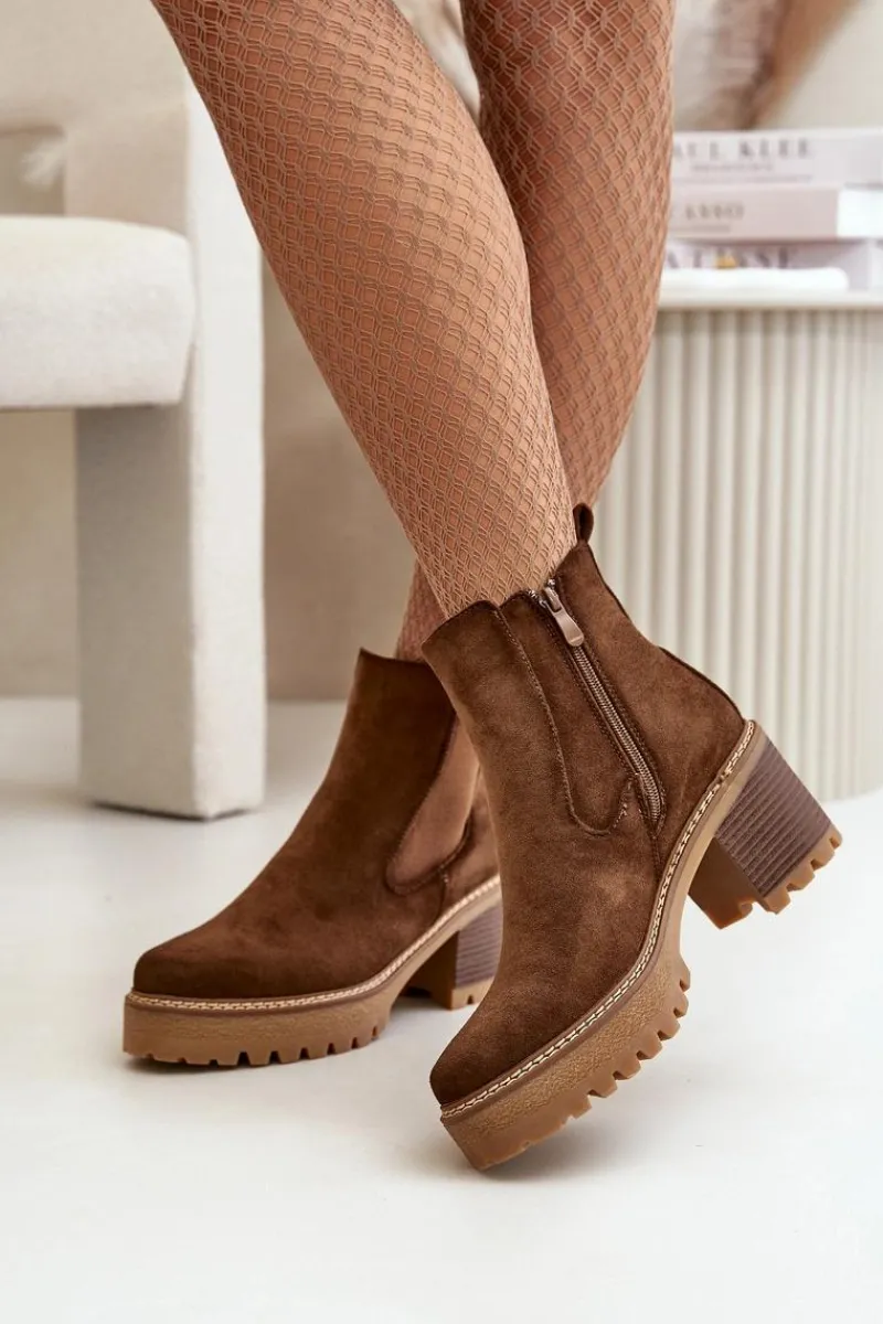 Botki Ocieplane|Brązowe I Beżowe Botki>Boto Botki Damskie Ocieplane Na Słupku Eko Zamszowe Brązowe Irissinae Brązowy