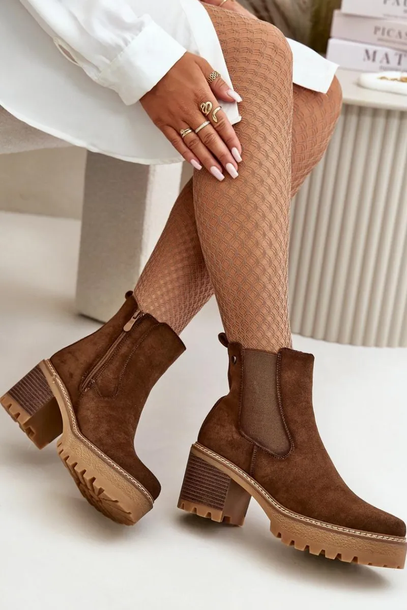 Botki Ocieplane|Brązowe I Beżowe Botki>Boto Botki Damskie Ocieplane Na Słupku Eko Zamszowe Brązowe Irissinae Brązowy