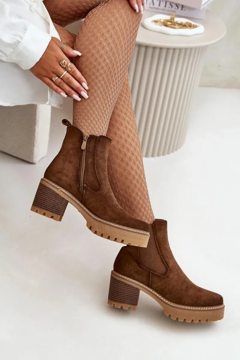 Botki Ocieplane|Brązowe I Beżowe Botki>Boto Botki Damskie Ocieplane Na Słupku Eko Zamszowe Brązowe Irissinae Brązowy