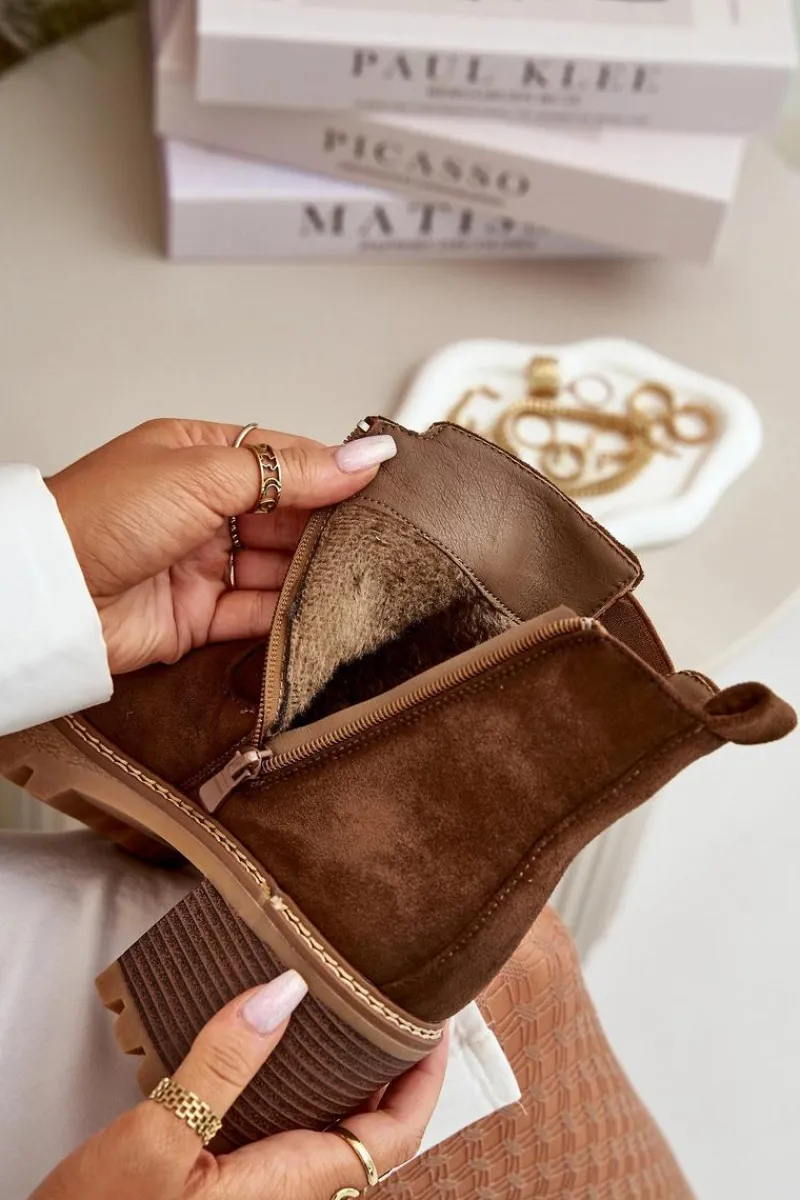 Botki Ocieplane|Brązowe I Beżowe Botki>Boto Botki Damskie Ocieplane Na Słupku Eko Zamszowe Brązowe Irissinae Brązowy