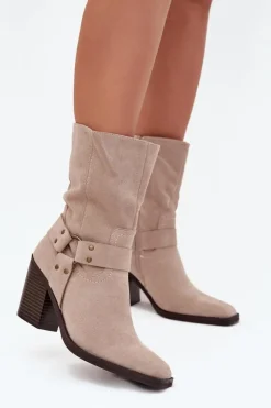 New Boto Botki Damskie Ocieplane Na Słupku Z Paskami I Ozdobnym Detalem Beżowe Neria Beżowy