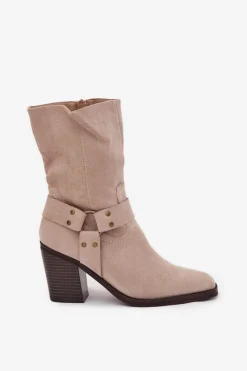 New Boto Botki Damskie Ocieplane Na Słupku Z Paskami I Ozdobnym Detalem Beżowe Neria Beżowy