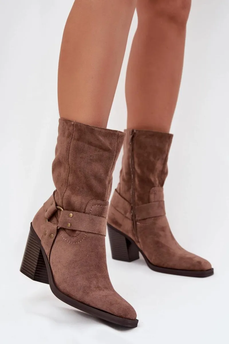 Discount Botki Damskie Ocieplane Na Słupku Z Paskami I Ozdobnym Detalem Brązowe Neria Damskie Botki Ocieplane|Botki Na Słupku