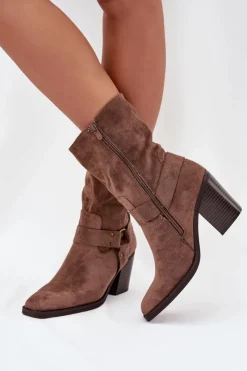 Discount Botki Damskie Ocieplane Na Słupku Z Paskami I Ozdobnym Detalem Brązowe Neria Damskie Botki Ocieplane|Botki Na Słupku
