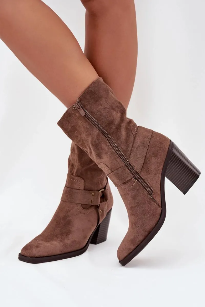 Discount Botki Damskie Ocieplane Na Słupku Z Paskami I Ozdobnym Detalem Brązowe Neria Damskie Botki Ocieplane|Botki Na Słupku