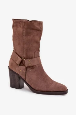 Discount Botki Damskie Ocieplane Na Słupku Z Paskami I Ozdobnym Detalem Brązowe Neria Damskie Botki Ocieplane|Botki Na Słupku