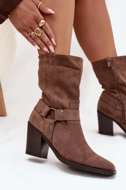 Discount Botki Damskie Ocieplane Na Słupku Z Paskami I Ozdobnym Detalem Brązowe Neria Damskie Botki Ocieplane|Botki Na Słupku