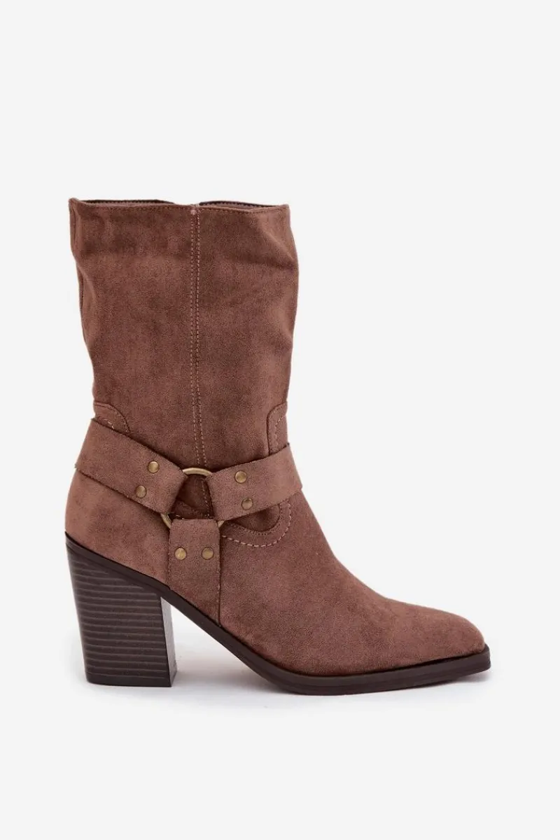 Discount Botki Damskie Ocieplane Na Słupku Z Paskami I Ozdobnym Detalem Brązowe Neria Damskie Botki Ocieplane|Botki Na Słupku