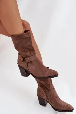 Discount Botki Damskie Ocieplane Na Słupku Z Paskami I Ozdobnym Detalem Brązowe Neria Damskie Botki Ocieplane|Botki Na Słupku