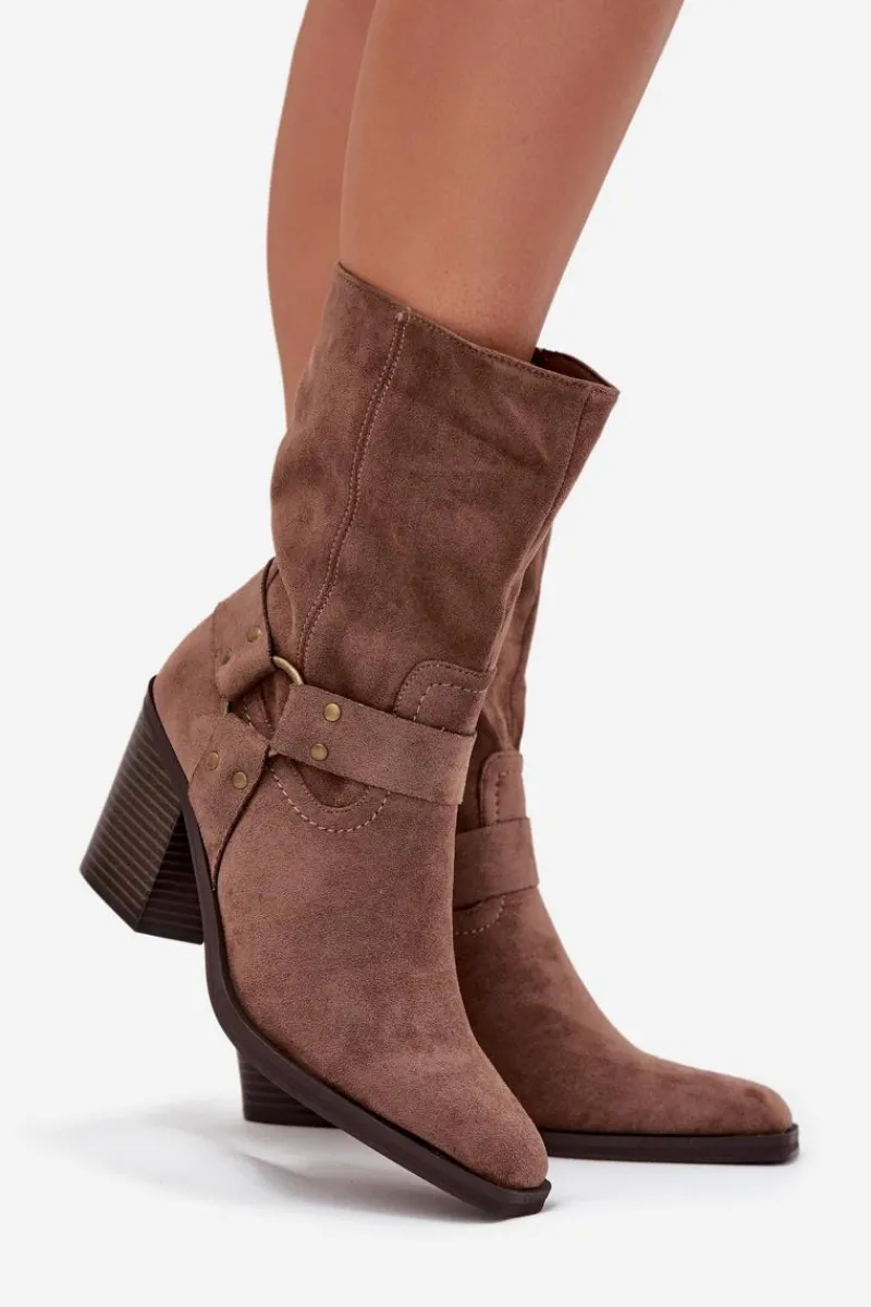 Discount Botki Damskie Ocieplane Na Słupku Z Paskami I Ozdobnym Detalem Brązowe Neria Damskie Botki Ocieplane|Botki Na Słupku