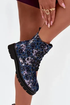 Discount Botki Damskie Ocieplane W Kwiaty 57C1052 Granatowe Damskie Botki Ocieplane|Damskie Trapery