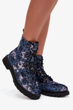 Discount Botki Damskie Ocieplane W Kwiaty 57C1052 Granatowe Damskie Botki Ocieplane|Damskie Trapery