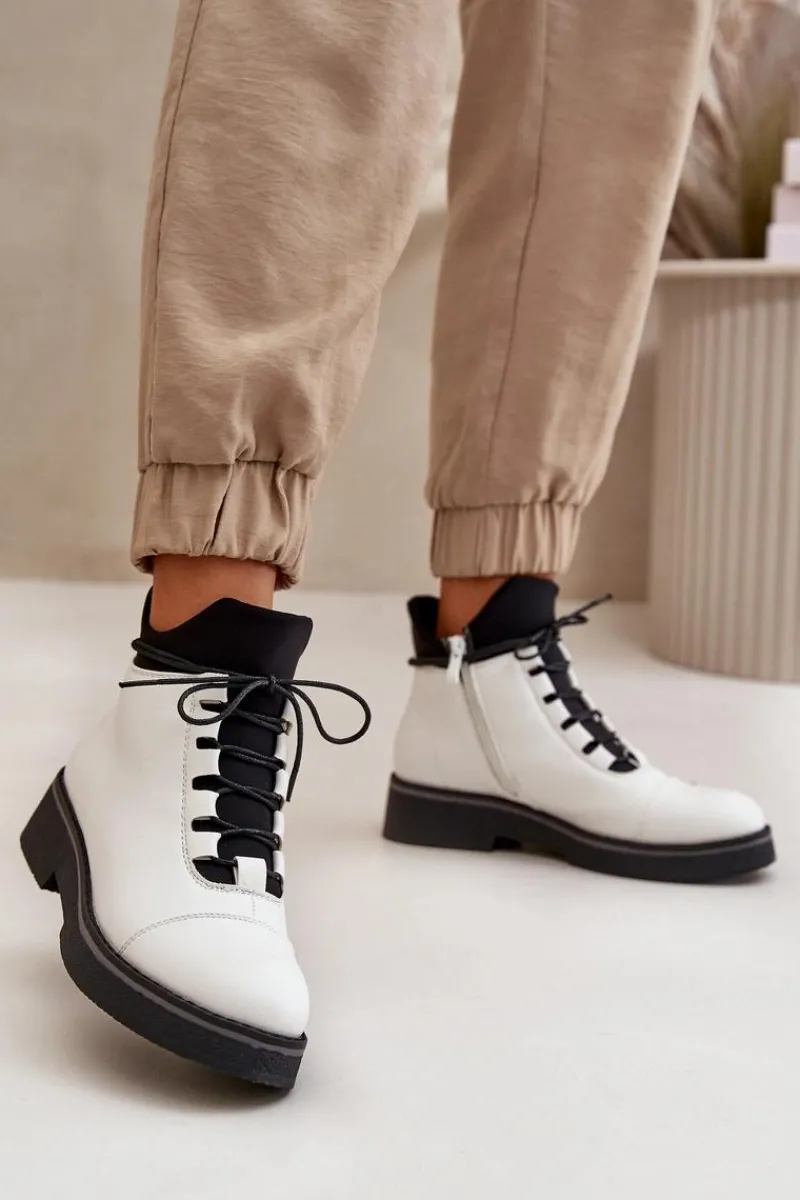 Clearance Botki Damskie Ocieplane Z Niską Cholewką Eko Skórzane Białe Damskie Botki Ocieplane|Czarne Botki