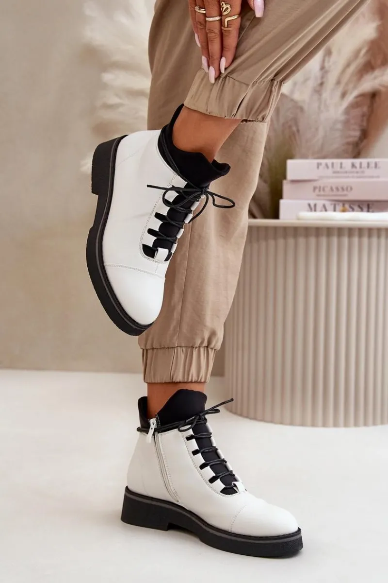 Clearance Botki Damskie Ocieplane Z Niską Cholewką Eko Skórzane Białe Damskie Botki Ocieplane|Czarne Botki