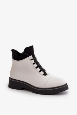 Clearance Botki Damskie Ocieplane Z Niską Cholewką Eko Skórzane Białe Damskie Botki Ocieplane|Czarne Botki