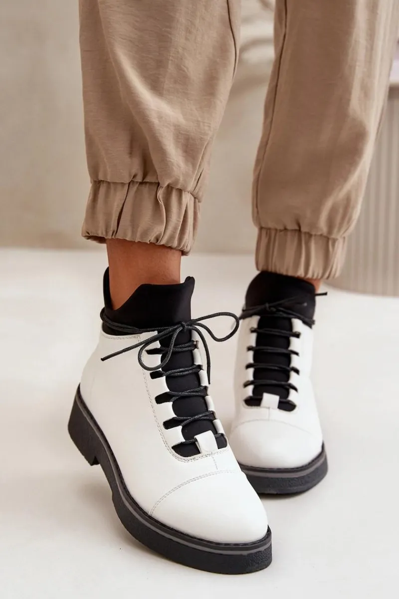 Clearance Botki Damskie Ocieplane Z Niską Cholewką Eko Skórzane Białe Damskie Botki Ocieplane|Czarne Botki