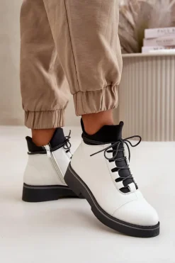 Clearance Botki Damskie Ocieplane Z Niską Cholewką Eko Skórzane Białe Damskie Botki Ocieplane|Czarne Botki