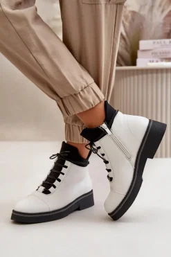 Clearance Botki Damskie Ocieplane Z Niską Cholewką Eko Skórzane Białe Damskie Botki Ocieplane|Czarne Botki