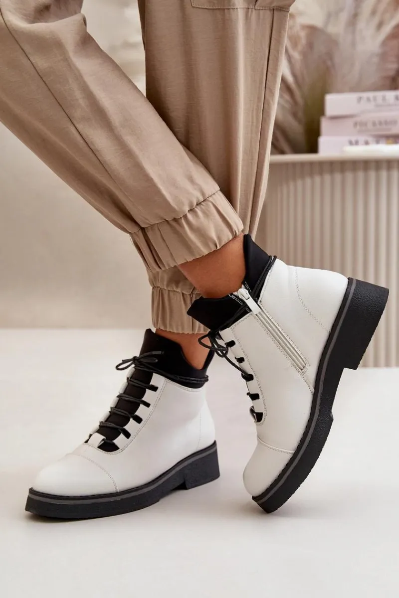 Clearance Botki Damskie Ocieplane Z Niską Cholewką Eko Skórzane Białe Damskie Botki Ocieplane|Czarne Botki