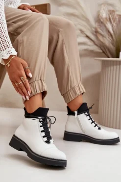 Clearance Botki Damskie Ocieplane Z Niską Cholewką Eko Skórzane Białe Damskie Botki Ocieplane|Czarne Botki