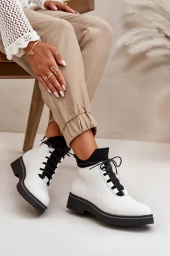 Clearance Botki Damskie Ocieplane Z Niską Cholewką Eko Skórzane Białe Damskie Botki Ocieplane|Czarne Botki