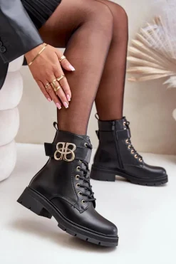 Boto Botki Damskie Ocieplane Ze Złotą Ozdobą Czarne Nealithra