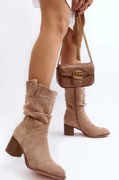 Brązowe I Beżowe Botki|Botki Na Obcasie>Evento Botki Damskie Ocieplane Z Marszczoną Cholewką Na Słupku Beżowe Shavy