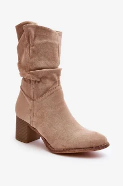 Brązowe I Beżowe Botki|Botki Na Obcasie>Evento Botki Damskie Ocieplane Z Marszczoną Cholewką Na Słupku Beżowe Shavy