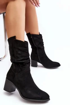 Sale Botki Damskie Ocieplane Z Marszczoną Cholewką Na Słupku Czarne Shavy Damskie Brązowe I Beżowe Botki|Botki Na Obcasie