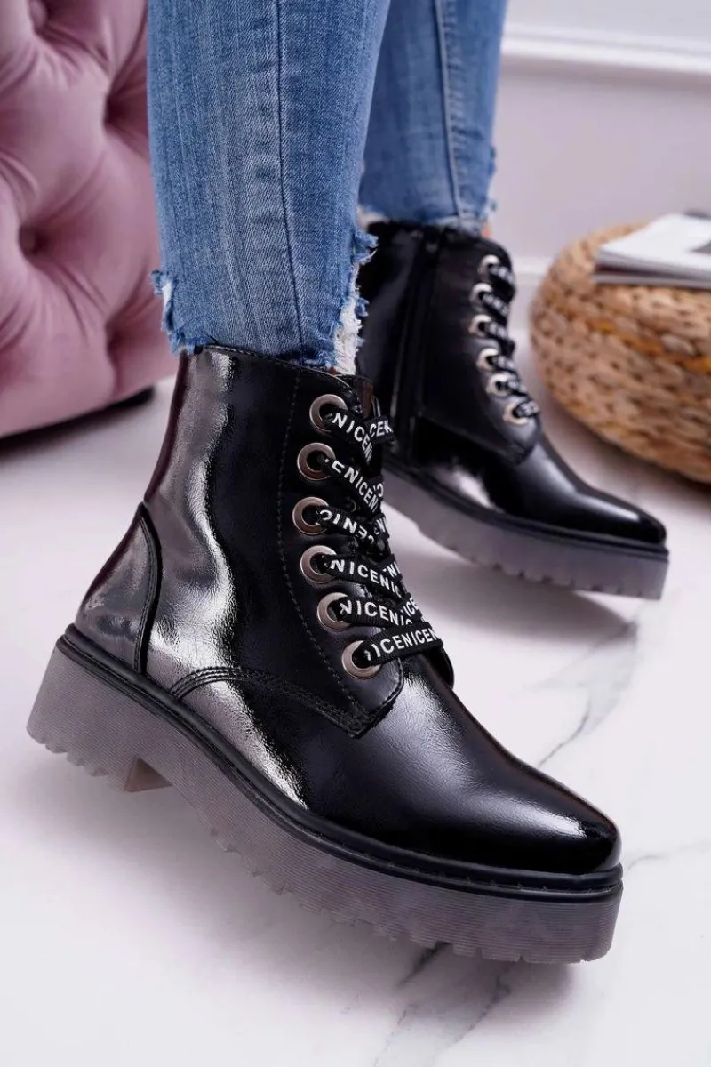 Online Botki Damskie Płaski Obcas Glany Lakierowane Czarne Sergio Leone TR726 Damskie Botki Sznurowane|Botki Zimowe Damskie