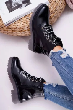 Online Botki Damskie Płaski Obcas Glany Lakierowane Czarne Sergio Leone TR726 Damskie Botki Sznurowane|Botki Zimowe Damskie