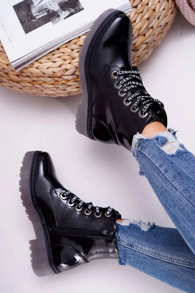 Online Botki Damskie Płaski Obcas Glany Lakierowane Czarne Sergio Leone TR726 Damskie Botki Sznurowane|Botki Zimowe Damskie