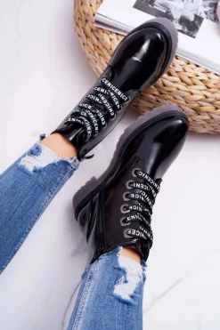 Online Botki Damskie Płaski Obcas Glany Lakierowane Czarne Sergio Leone TR726 Damskie Botki Sznurowane|Botki Zimowe Damskie