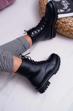 Hot Boto Botki Damskie Płaski Obcas Wysokie Glany Czarne Buena