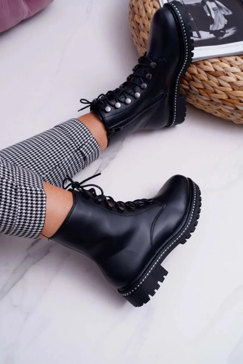 Hot Boto Botki Damskie Płaski Obcas Wysokie Glany Czarne Buena