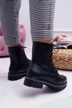 Hot Boto Botki Damskie Płaski Obcas Wysokie Glany Czarne Buena