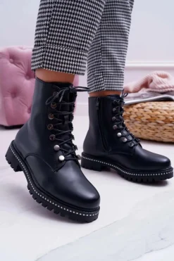 Hot Boto Botki Damskie Płaski Obcas Wysokie Glany Czarne Buena